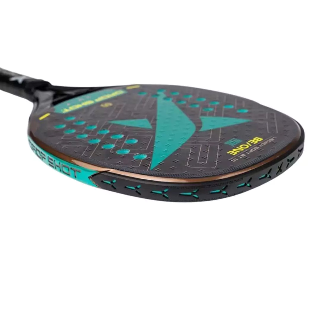 A iamRacketSports.com,  Drop Shot LEGACY SOFT 1.0 BT 2024 Beach Tennis Paddle, product with  EVA Soft Low Density core, cubic-carbon 18K face, 22mm thick, 33 grams.