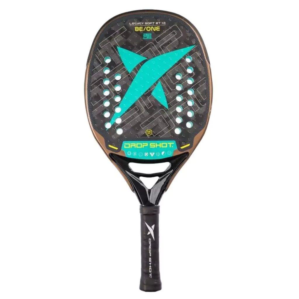 A Drop Shot LEGACY SOFT 1.0 BT 2024 Beach Tennis Paddle with  EVA Soft Low Density core, cubic-carbon 18K face, 22mm thick, 33 grams. Purchase from iamRacketSports.com.