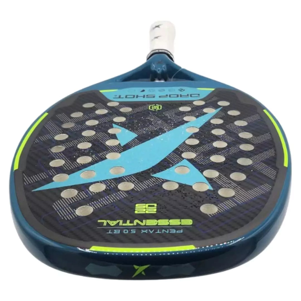A top edge prespective of a Drop Shot PENTAX 5.0 BT 2024 Beach Tennis Paddle, iamRacketSports.com store stocked product.