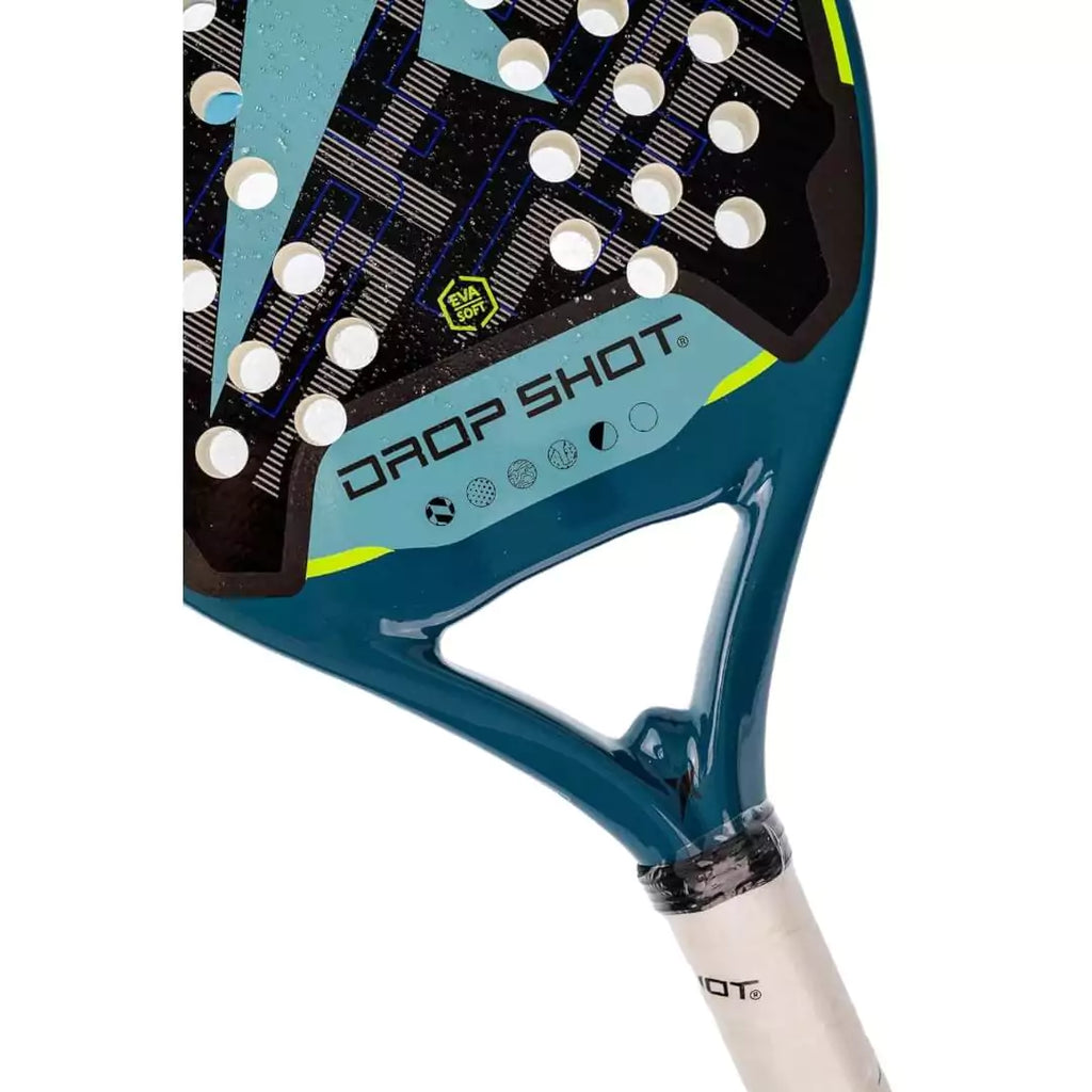 A Partial view of a Drop Shot PENTAX 5.0 BT 2024 Beach Tennis Paddle, iamBeachTennis.com store stocked product.