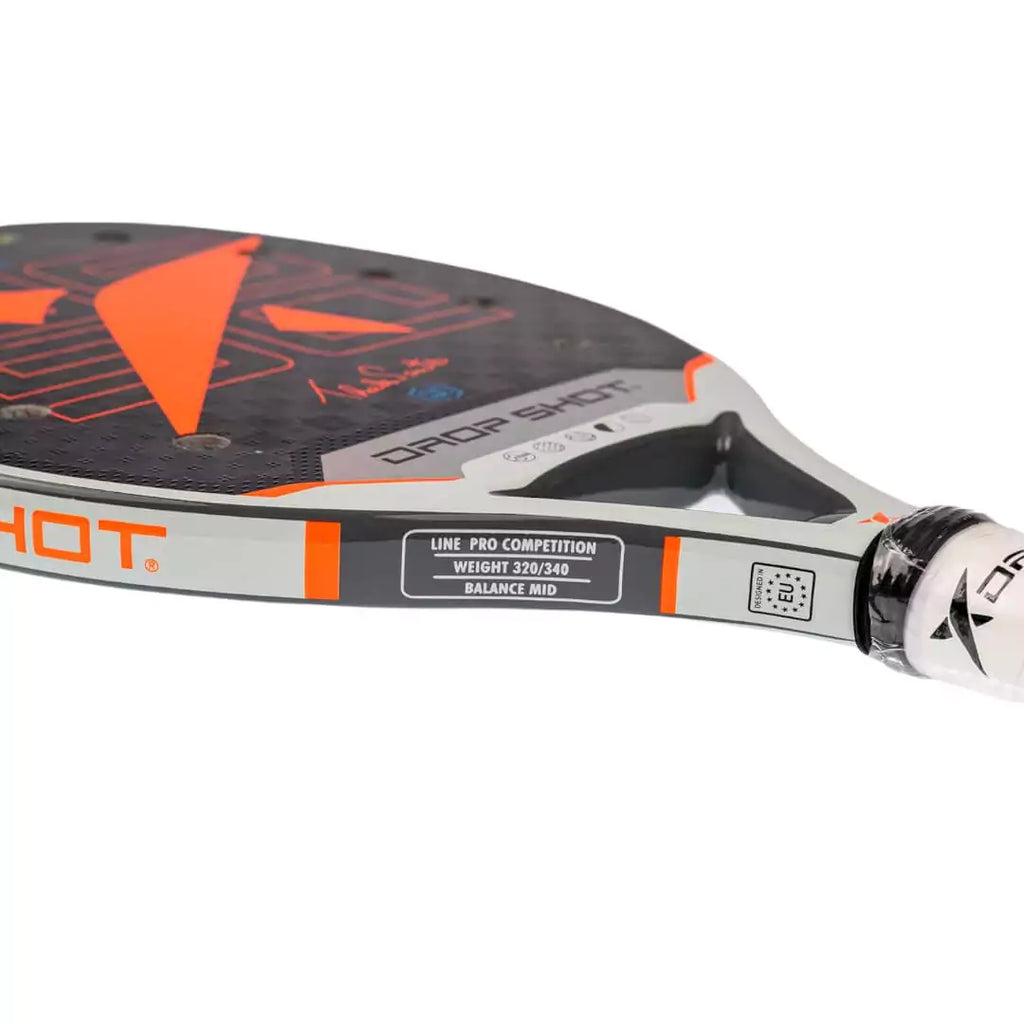 A side profile of the  Drop Shot PREMIUM 4.0 BT 2024 professional Beach Tennis Paddle, iamRacketSports.com store stocked product, with EVA Soft Low Density core, carbon Textrem 12K face, 22mm thick, 320-340 grams and Spin coating. 