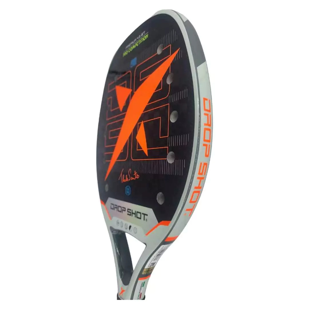 A  Drop Shot PREMIUM 4.0 BT 2024 professional Beach Tennis Paddle, iamBeachTennis.com stocked product, with EVA Soft Low Density core, carbon Textrem 12K face, 22mm thick, 320-340 grams and Spin coating. In left facing side profile.