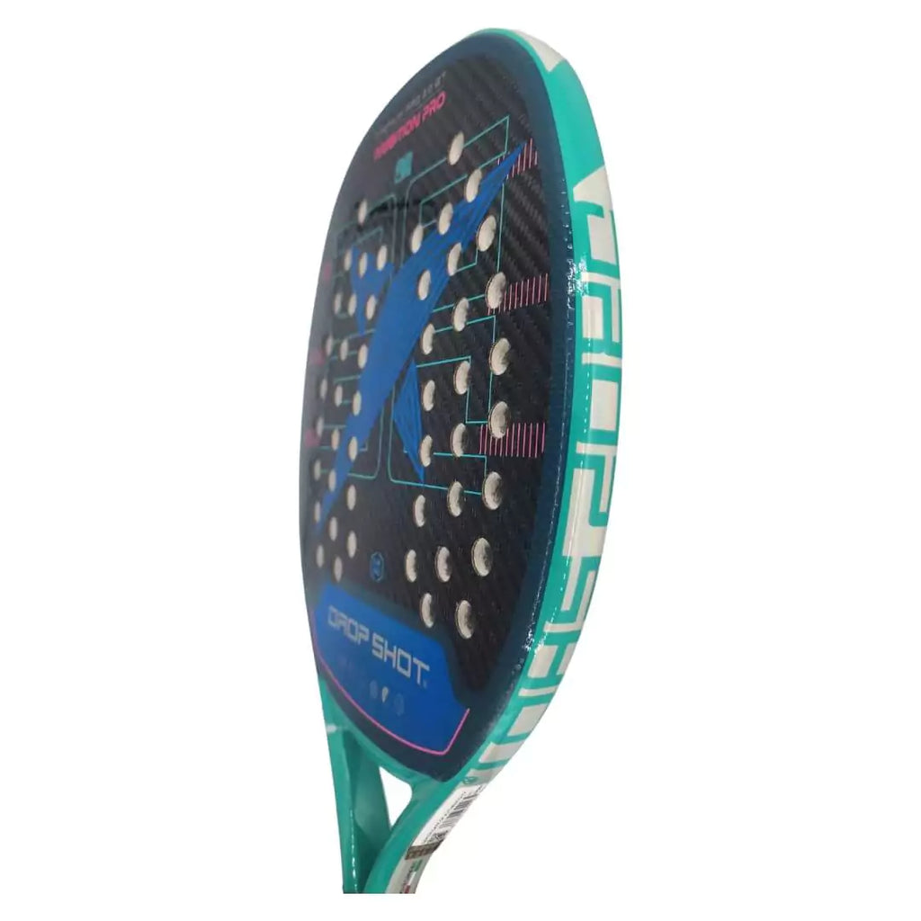 A side on profile of a  Drop Shot PREMIUM PRO 2.0 BT 2024 Beach Tennis Paddle, iamBeachTennis.com store stocked product, with Eva Soft Low density core, Carbon 3K face, 22mm thickness, 320-340 grams, mid balance.