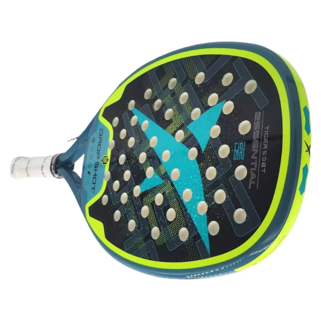 A side horizontally presented view of the  Drop Shot TIGER BT 2024 Beach Tennis Paddle, iamBeachTennis.com store stocked product.