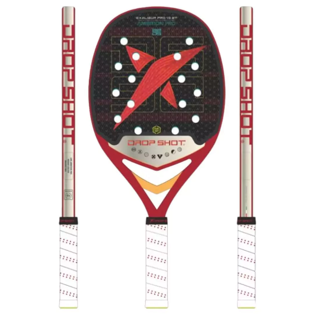 A graphic of a  Drop Shot EXCALIBUR PRO 1.0 BT 2024 Beach Tennis Paddle,  displayed face on and in side on profile. Available at iamBeachTennis.com.