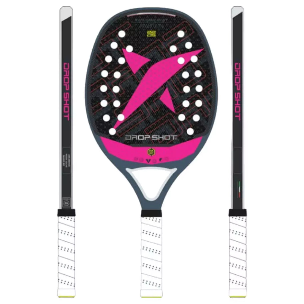A graphic of a  Drop Shot EXPLORER 5.0 BT 2024 Beach Tennis Paddle,  displayed both in face on and side on profile. Available at iamBeachTennis.com.
