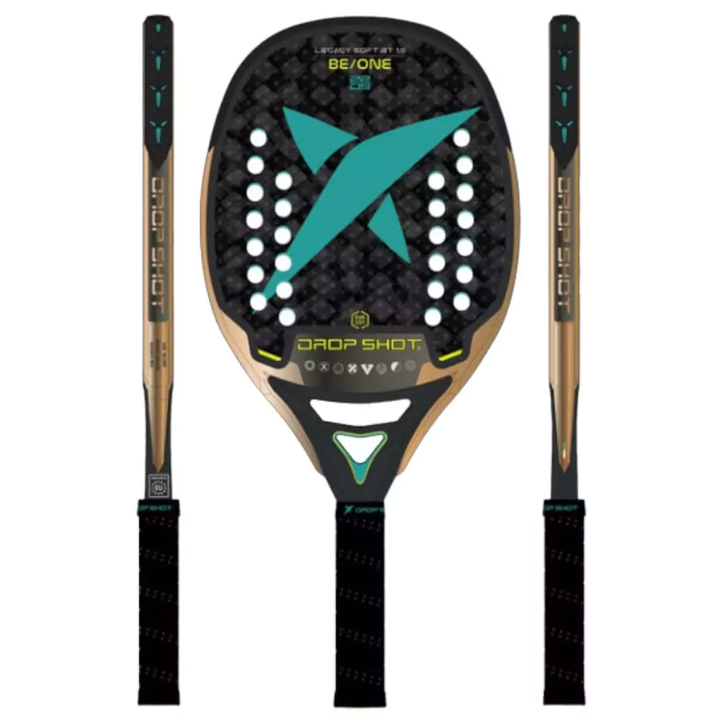 A graphic of a  Drop Shot LEGACY SOFT 1.0 BT 2024 Beach Tennis Paddle/Racket,  displayed face on and in side on profile. Available at iamBeachTennis.com.