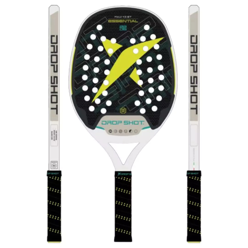 A graphic of a  Drop Shot MAUI 4.0 BT 2024 Beach Tennis Paddle,  displayed both in face on and side on profile. Available at iamBeachTennis.com.