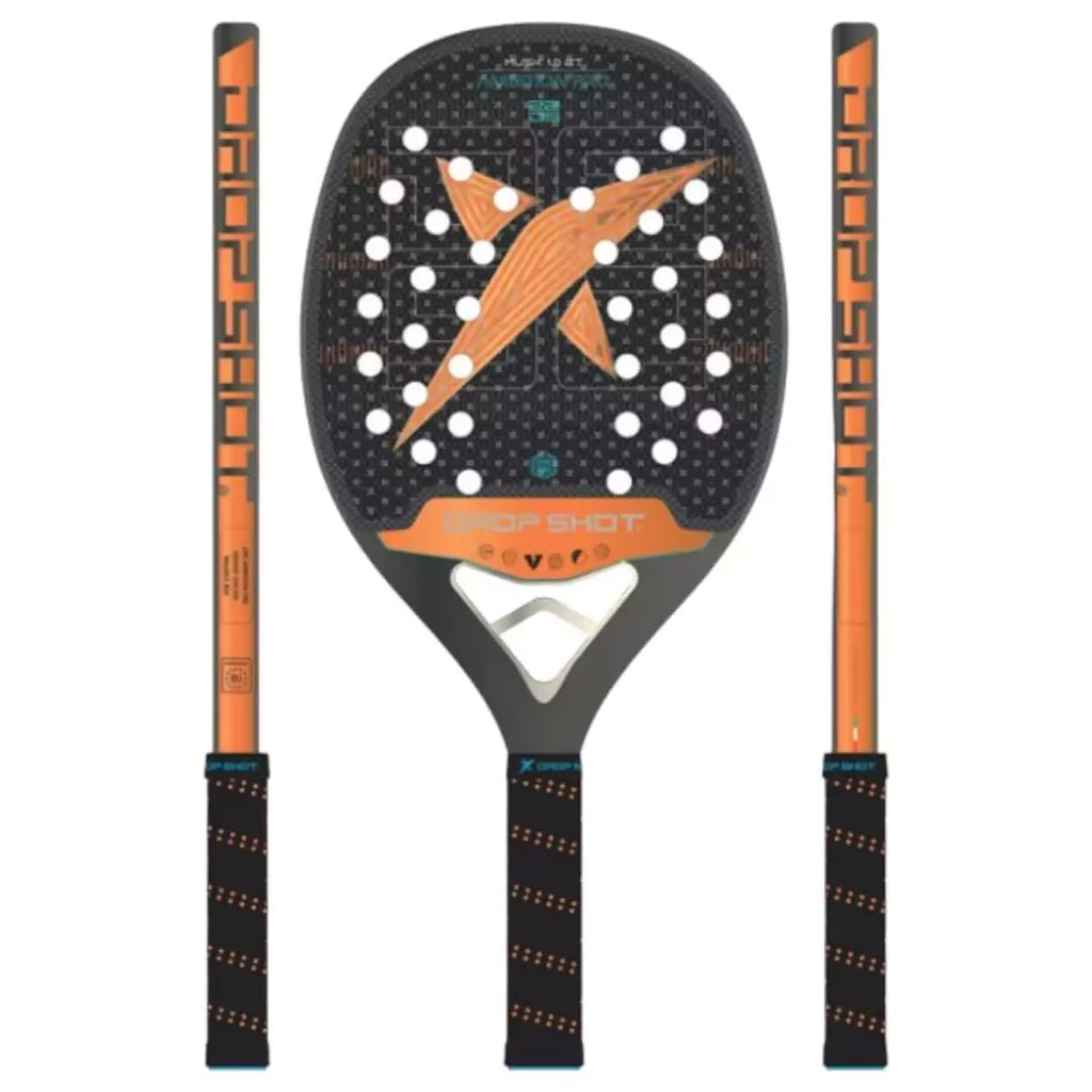 A graphic of a  Drop Shot MUSK 1.0 BT 2024 Beach Tennis Paddle,  displayed both in face on and side on profile. Available at iamBeachTennis.com.