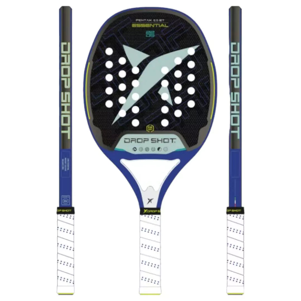 A graphic of a  Drop Shot PENTAX 5.0 BT 2024 Beach Tennis Paddle,  displayed both in face on and side on profile. Available at iamBeachTennis.com.
