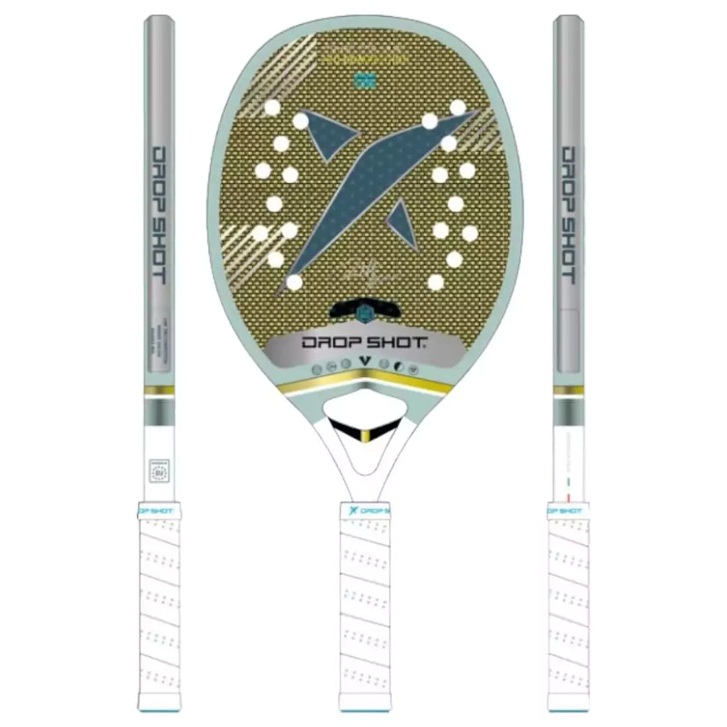 A graphic of a  Drop Shot POWER PRO 4.0 BT 2024 Beach Tennis Paddle,  displayed face on and in side on profile. Available at iamBeachTennis.com.
