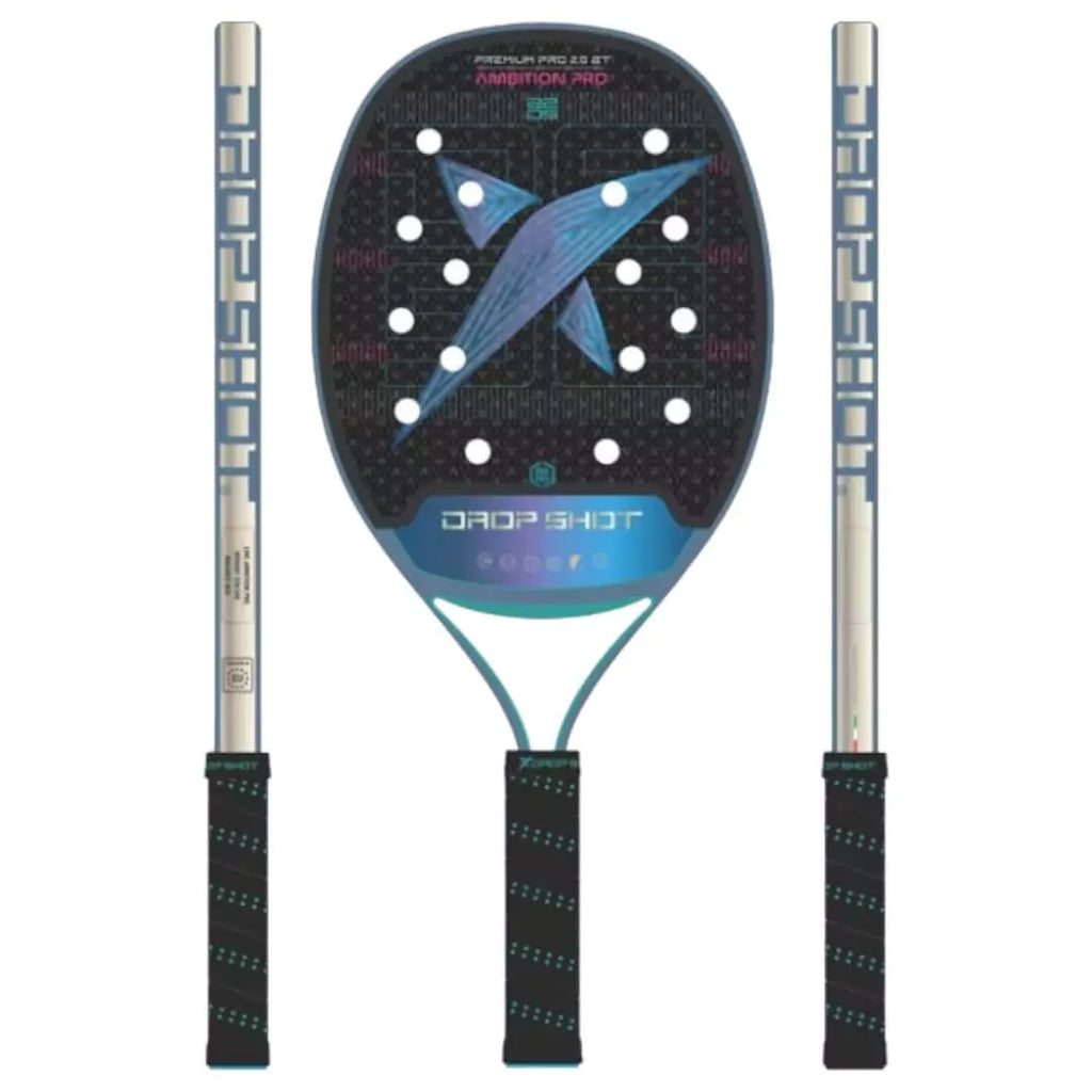  A graphic of a  Drop Shot PREMIUM PRO 2.0 BT 2024 Beach Tennis Paddle,  displayed both in face on and side on profile. Available at iamBeachTennis.com.