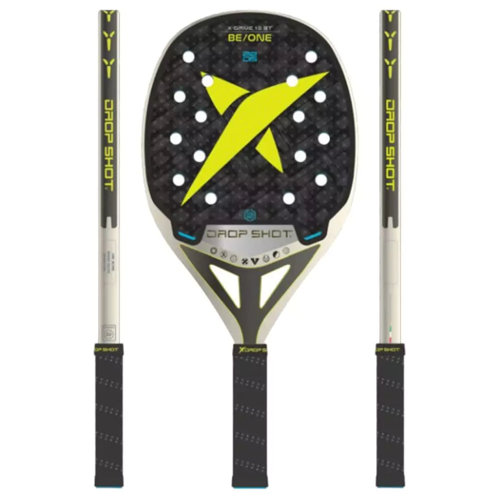 A graphic of a  Drop Shot X-DRIVE BT 2024 Beach Tennis Paddle/Racket,  displayed face on and in side on profile. Available at iamBeachTennis.com.