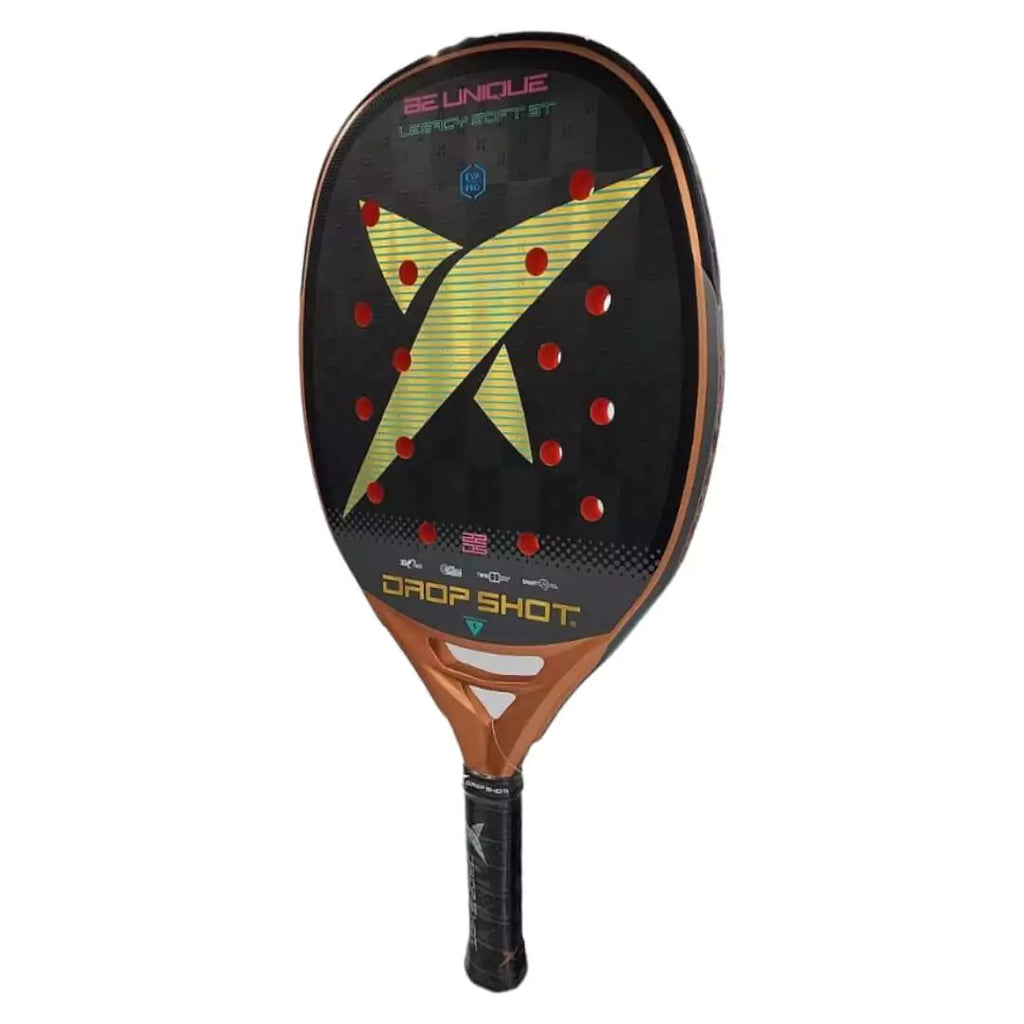SPORT:BEACH TENNIS.  Shop Dropshot at "iamracketsports.com" Miami's Beach Tennis center. Racket model is a  Drop Shot Legacy Pro 2023 BT Professional Beach Tennis Paddle/racket  for advanced and professional players.  Racquet/Paleta standing vertically rotated left to show face and frame edge. 
