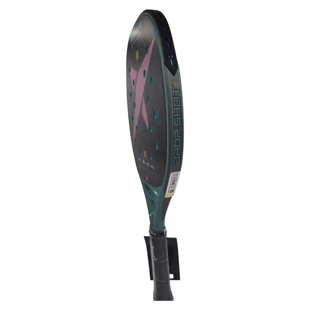 SPORT:BEACH TENNIS.  shop BT paddles at iamBeachTennis Depot Store Drop Shot Legacy Pro Soft 2023 BT Professional Beach Tennis Paddle/racket  for advanced and professional players.  Standing vertically showing edge and protector.