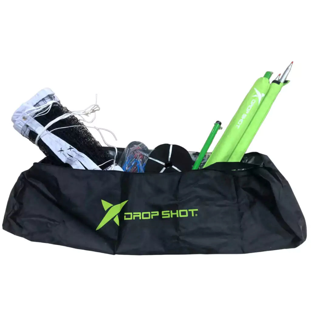 SPORT: BEACH TENNIS. Shop Drop Shot Sports Paddles, Rackets, accessories and equipment at "iamBeachTennis.com" a division of "iamracketsports.com".  Drop shot portable beach tennis full court system.  Net, Lines and poles,  everything that you need to setup a beach tennis court. All items shown in carry bag.