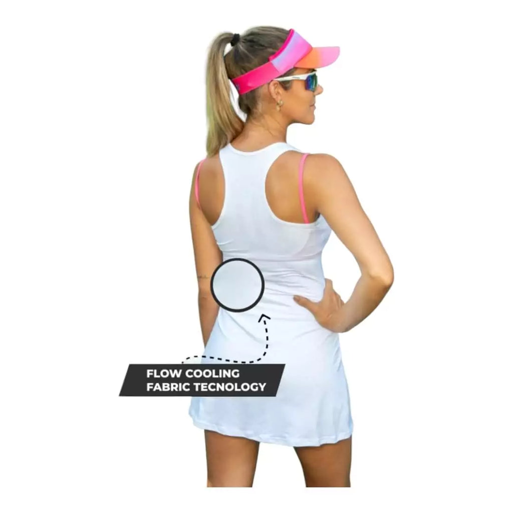 SPORT:BEACH TENNIS. Shop Flow Beach tennis at iamBeachTennis miami shop. Female model, back turned wearing a white Flow MIAMI Cut Out Back Slim Dress