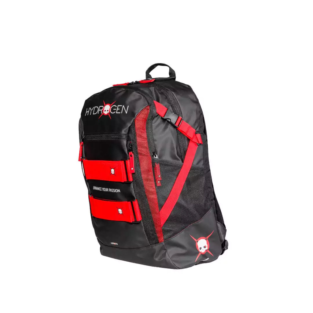 SPORT: BEACH TENNIS. Shop Heroes 2024 bags at iamRacketSports.com. Front and side profile of the  Heroe's GRAVITY HYDROGEN Sports Backpack, in black and red Eco leather.