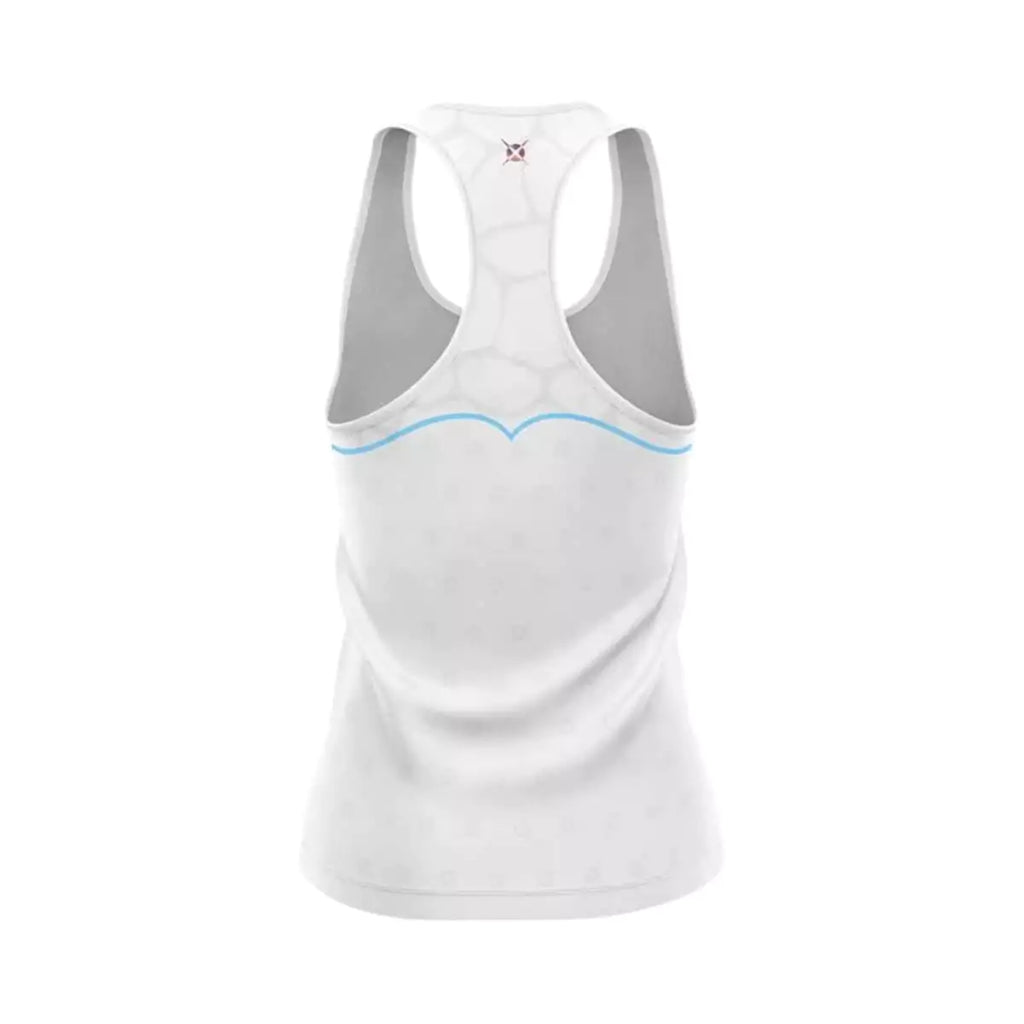 Back of a white Heroe's Beach Tennis Women's #ASTEROPE Tank Top.
Available from iamRacketSports.com, online and in store, Miami, Florida, USA. 