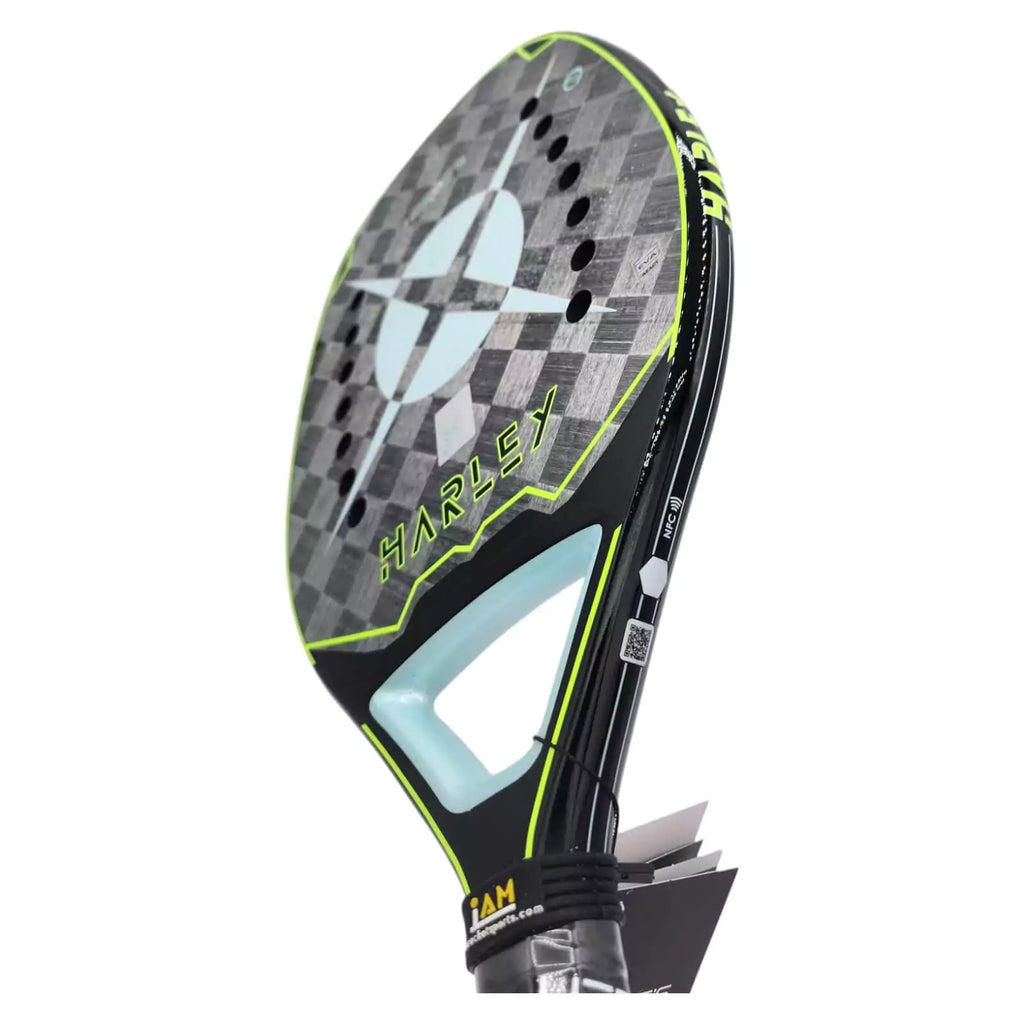 SPORT: BEACH TENNIS. Purchase Heroes 2024 products at iamBeachTennis online store. Heroe's 2024 BT #Harley Professional Beach Tennis Racket with Glipper Treatment,  vertically left rotated.