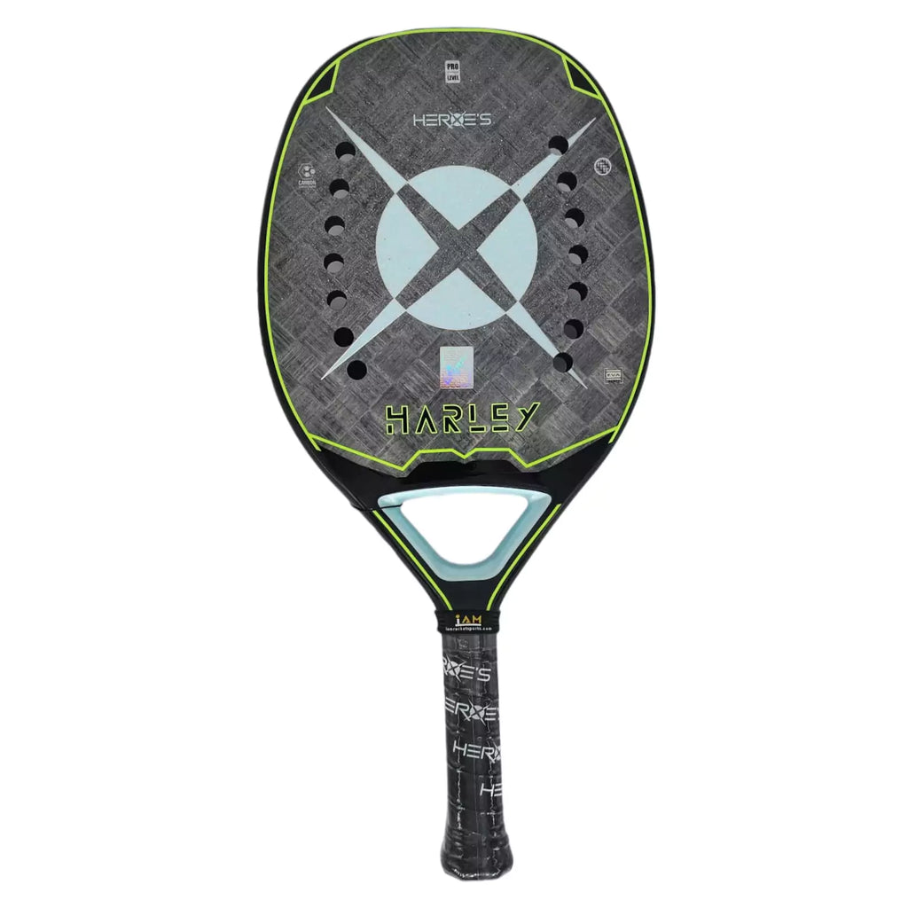 SPORT: BEACH TENNIS. Purchase Heroes Brand Italia 2024 products at iamBeachTennis online store. Presented Racket model is a Heroe's 2024 BT #Harley Professional Beach Tennis Racket with Glipper Treatment, vertical face on profile.