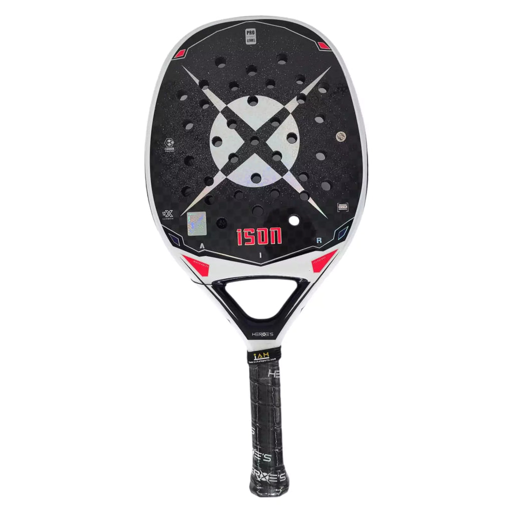 SPORT: BEACH TENNIS. Purchase Heroes Brand Italia 2024 products at iamBeachTennis online store. Presented Racket model is a Heroe's 2024 BT #ISON Professional Beach Tennis Racket with Glipper Treatment, vertical face on profile.
