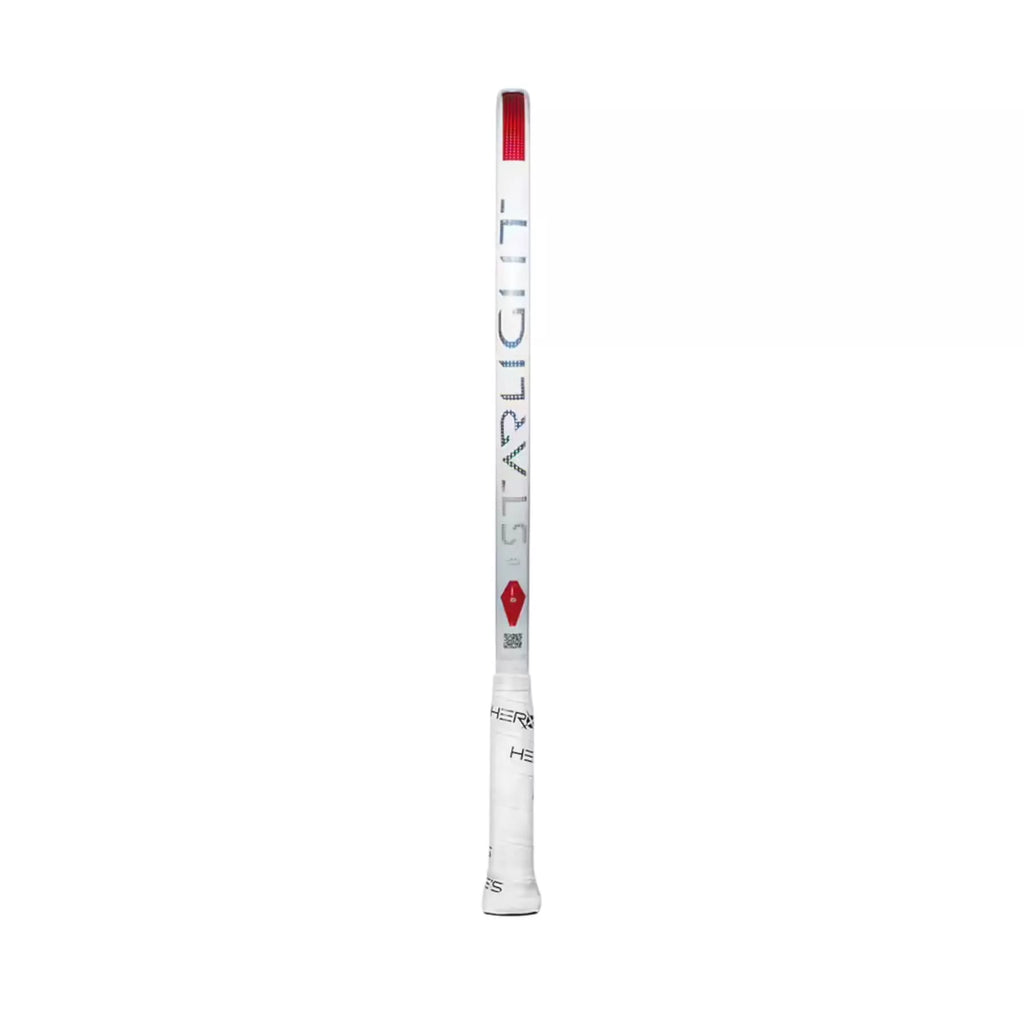 Side profile of a Heroe's STARLIGHT RUBY GIULIA & NINNY 2026 Beach Tennis Racket with Grit treatment, available from 
IamBeachTennis.com, online and in-store, Miami USA, worldwide shipping.