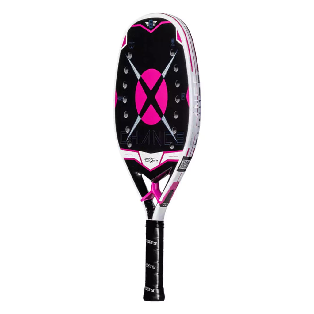 iamRacketSports Boutique Store. Racket model Heroe's 2024 BT #CHANCE Beach Tennis Racket, vertical edge and face in profile. Advanced, professional paddle, carbon frame, Silver K-Fibre surface, 20 mm thick, Eva Black H3 core.