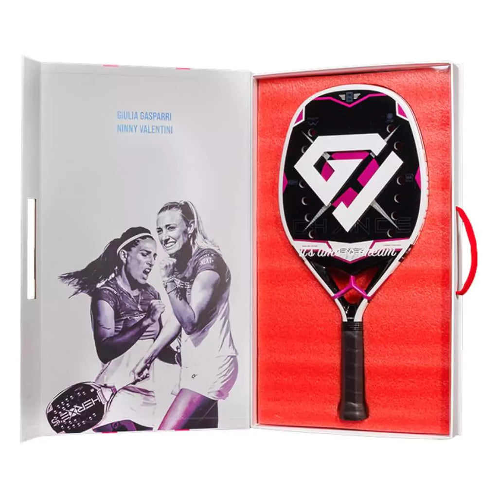 Shop Sexy Brand at iambeachtennis maimi Racket and Paddle Sports store. Racket model Heroe's 2024 BT #CHANCE Beach Tennis Racket, packaging box interior with paddle and image of NINNY VALENTINI and GIULIA GASPARRI.