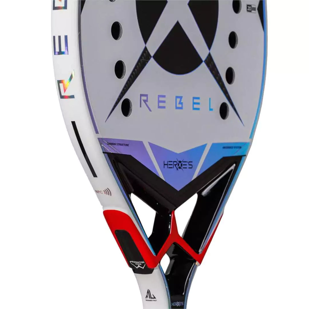 SPORT: BEACH TENNIS Shop Heroes brand at i am Beach Tennis store. Partial view of paddle face and neck of Heroe's 2024 #REBEL LIMITED EDITION Beach Tennis Racket, Advance, professional paddle, as used by MATTIA SPOTO.