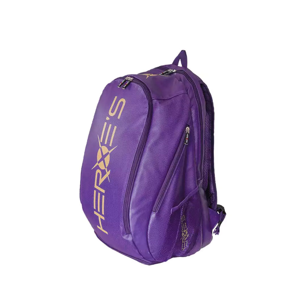 SPORT: BEACH TENNIS. Shop Heroes 2024 bags at iamRacketSports.com. Front and side profile of the  Heroe's GRAVITY Purple Sports Backpack Bag.