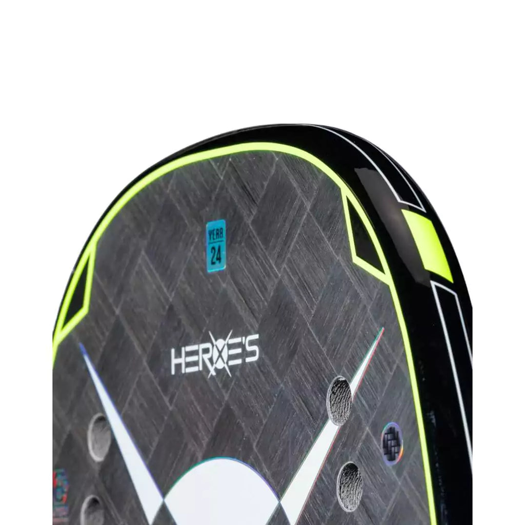 SPORT: BEACH TENNIS. Shop Heroes brand at USA premier Racket and Paddle Sports store, iamracketsports.com. Heroe's 2024 BT #Harley Professional Beach Tennis Racket, Partial view of face and top edge.