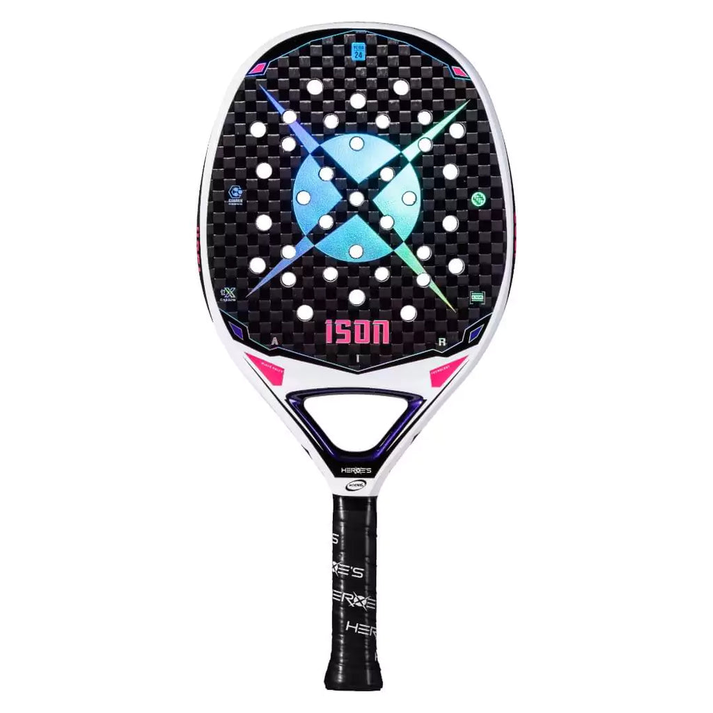 SPORT: BEACH TENNIS. Purchase Heroes Brand Italia 2024 products at iamBeachTennis online store. Presented Racket model is a Heroe's 2024 BT #ISON Professional Beach Tennis Racket, vertical face on profile.