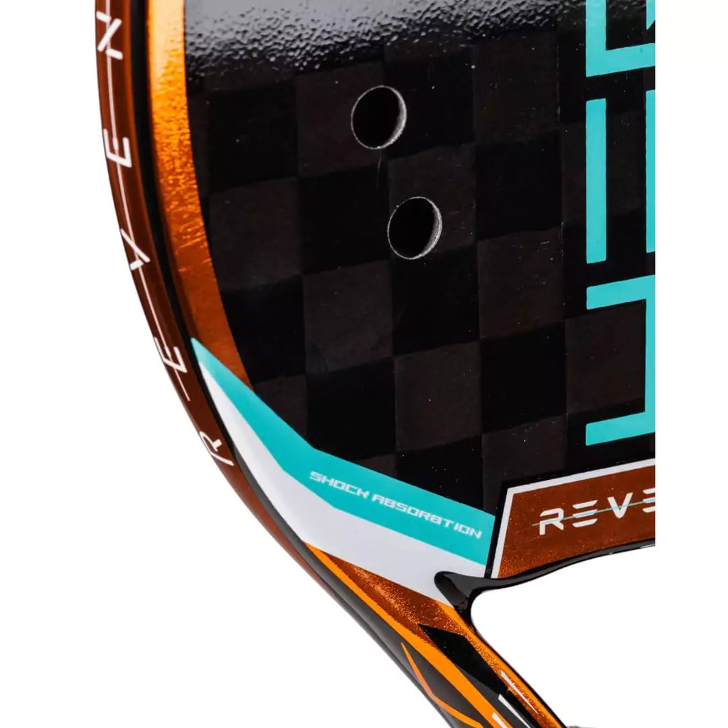 SPORT: BEACH TENNIS.  Get Heroe's Brand at iamBeachTennis miami shop. Partial view of the face and neck of the  Heroe's 2024 BT #REVENGE Beach Tennis Racket face.