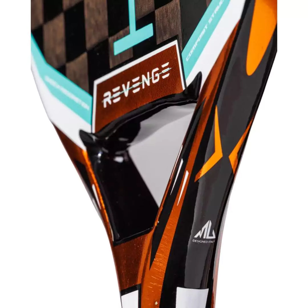SPORT: BEACH TENNIS.  Shop 2024 BT Paddles at iamRacketSports.com. Partial view of the face and neck of the  Heroe's 2024 BT #REVENGE Beach Tennis Racket face.
