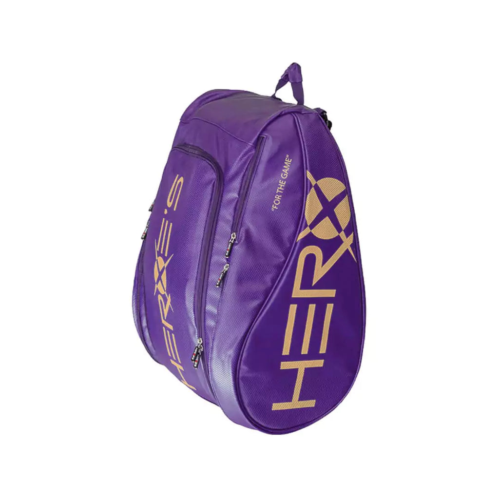 SPORT: BEACH TENNIS. Shop Heroes 2024 bags at iamRacketSports.com. Front and side profile of the  Heroe's THUNDER Purple Sports Backpack Bag.