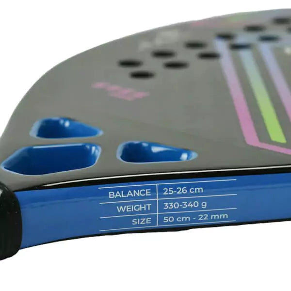 Side profile of  Leo Branco signature  Kona K-DOZE BLUE GLOSSY 2024 Beach Tennis Paddle with Carbon 12K, glossy surface, Eva Soft core, 22mm thick. Shop Kona at iamBeachTennis.com.