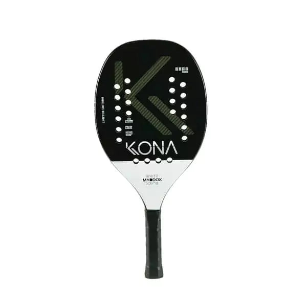 A Kona MADDOX BLACK AND WHITE 2024 Beach Tennis Racket with Carbon 12K, Kelvar surface, Eva Extra Soft core, 20mm thick. Shop Kona at iamRacketSports.com, worldwide shipping.