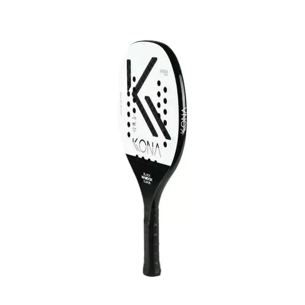 Side profile of  a Kona MADDOX BLACK AND WHITE 2024 Beach Tennis Racket with Carbon 12K, Kelvar surface, Eva Extra Soft core, 20mm thick. Shop Kona at iamBeachTennis.com.