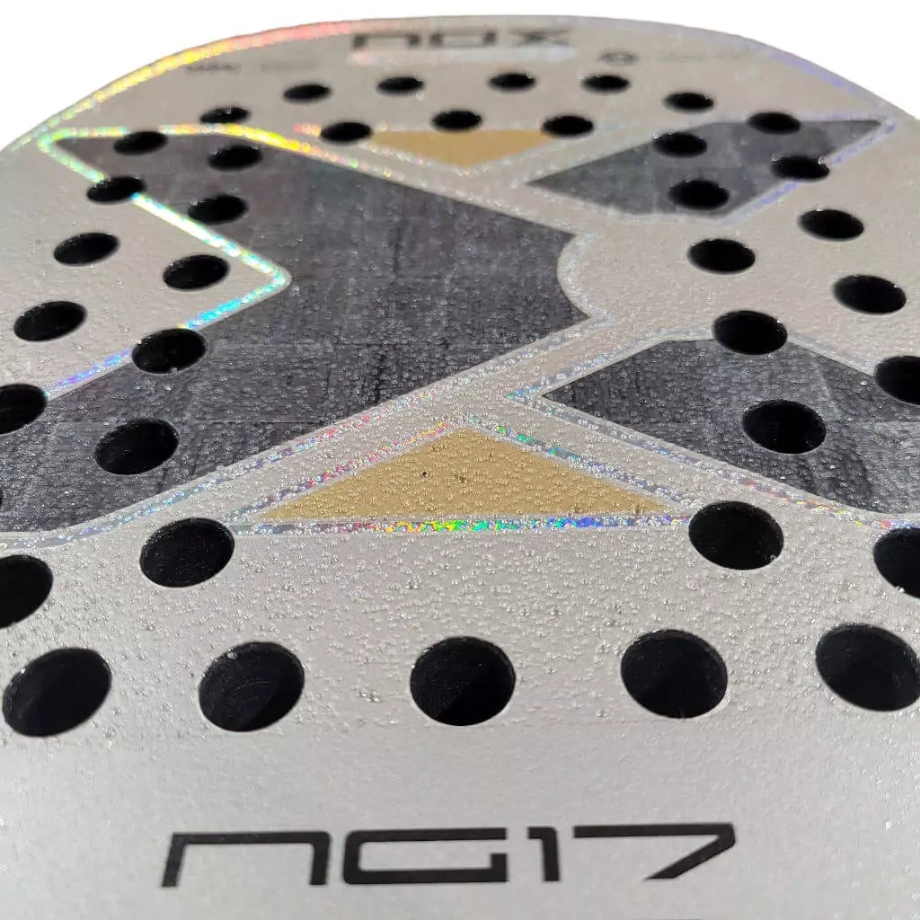Shop "NOX Beach Tennis" at "iambeach tennis" a online boutique depot store - NOX Beach Tennis Brand - Racket model is NOX NG17 2023 an advanced/professional beach tennis racket/racchetta.  Raquet/Raquete head top zoomed. With OWN Crystal Grit Treatment.