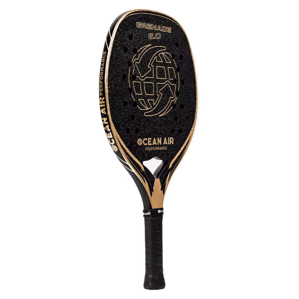 SPORT: BEACH TENNIS. A GRANADE 6.0 2024 Professional Beach Tennis Paddle/Racket, vertical right facing. Find online and at iamRacketSports.com Boutique Store.