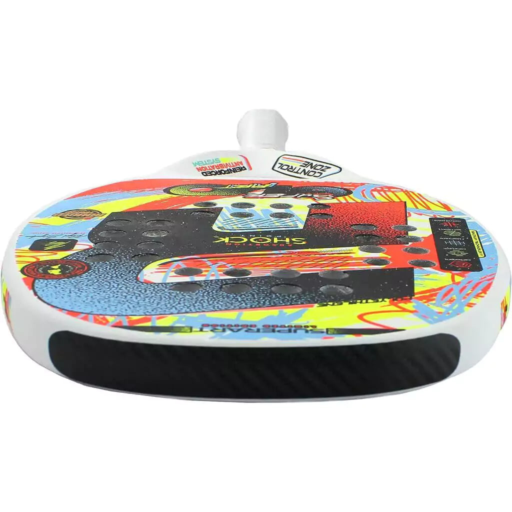 SPORT: BEACH TENNIS. Shop Royal Padel Beach Tennis at USA premier Racket and Paddle Sports store, "iamracketsports". Racket model is a Royal Padel Super Evo Art Professional Beach Tennis Paddle/racket for intermeditate and advanced players. Racquet/Paleta is in flat orientation. Head View.