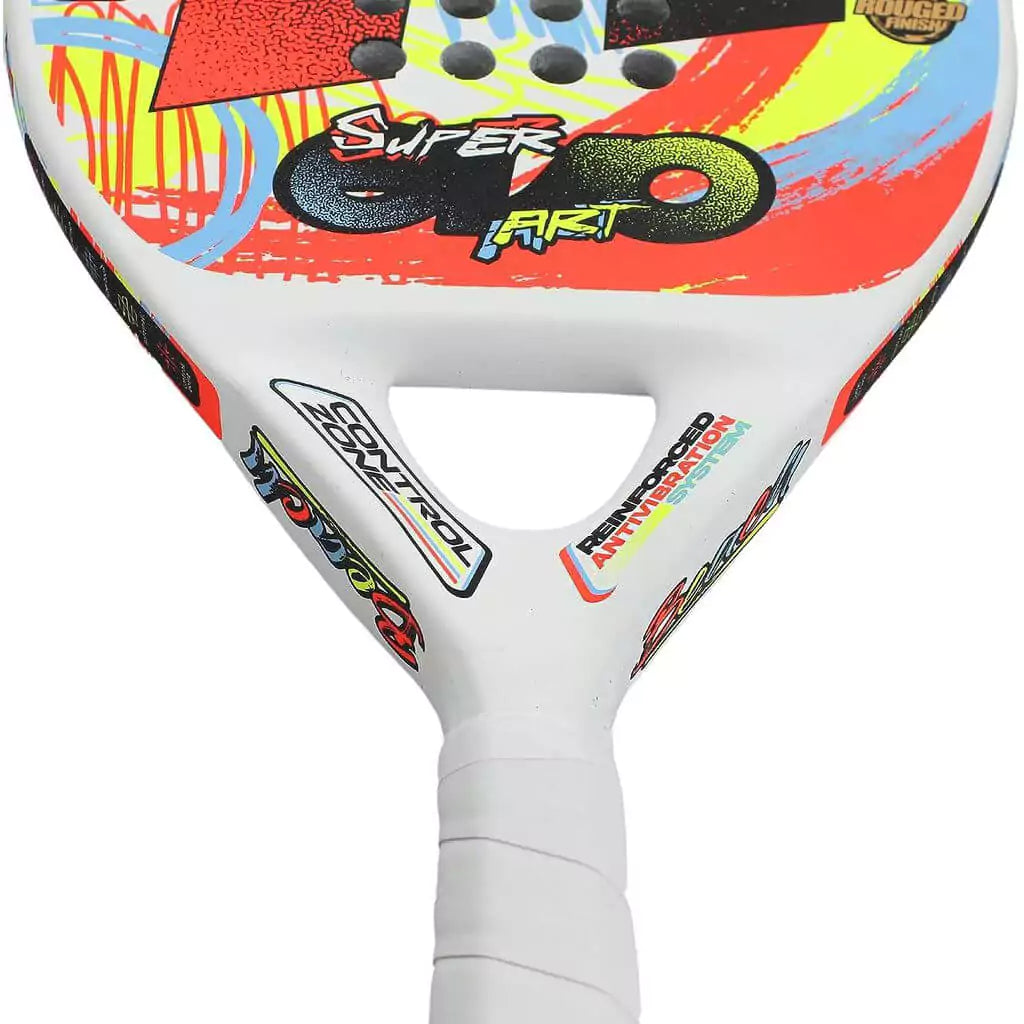 SPORT: BEACH TENNIS. Shop Royal Padel Beach Tennis at USA premier Racket and Paddle Sports store, "iamracketsports". Racket model is a Royal Padel Super Evo Art Professional Beach Tennis Paddle/racket for intermeditate and advanced players. Racquet/Paleta is in vertical side orientation. Neck view.