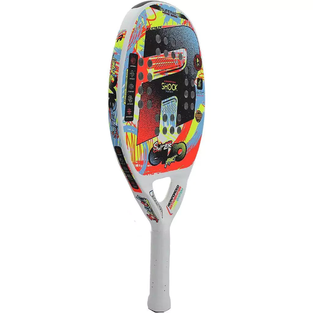 SPORT: BEACH TENNIS. Shop Royal Padel Beach Tennis at USA premier Racket and Paddle Sports store, "iamracketsports". Racket model is a Royal Padel Super Evo Art Professional Beach Tennis Paddle/racket for intermeditate and advanced players. Racquet/Paleta is in vertical side orientation.
