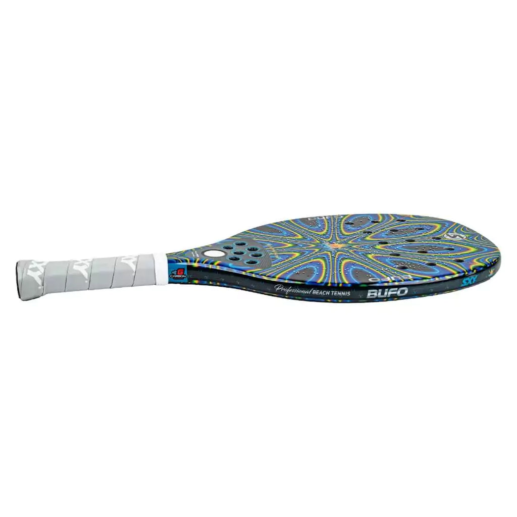 SPORT: BEACH TENNIS. iamBeachTennis Boutique store. Racket Model Sexy Brand BUFO Supernatural, High-Performance G-Carbon, MegaGrit surface, Eva Soft Core,  weight 345g, 22 holes, featuring Sexy Brand Playneck technology, laid flat racket edge in profile.