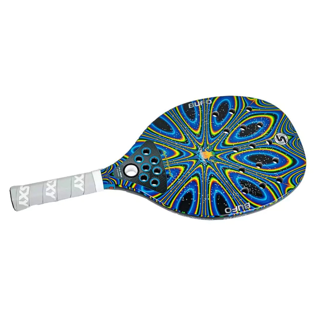 SPORT: BEACH TENNIS. iamBeachTennis Boutique store.  Racket Model Sexy Brand BUFO Supernatural, High-Performance G-Carbon, MegaGrit surface, Eva Soft Core,  weight 345g, 22 holes, featuring Sexy Brand Playneck technology shown laying on edge face on.