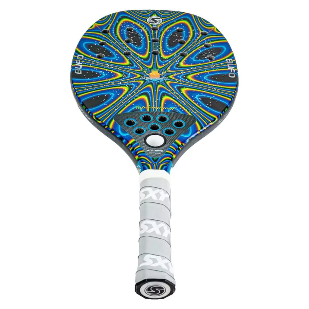 iamBeachTennis miami shop,  Racket Model Sexy Brand BUFO Supernatural, High-Performance G-Carbon, MegaGrit surface, Eva Soft Core,  weight 345g, 22 holes, featuring Sexy Brand Playneck technology, in horizontal tilted back face on profile.
