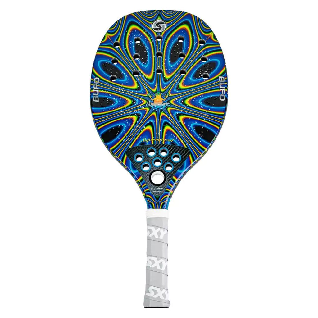 Shop Sexy Brand beach Tennis Paddles and Rackets at "iambeachtennis.com" a division of "iamracketsports.com". Racket Model Sexy Brand BUFO Supernatural, High-Performance G-Carbon, MegaGrit surface, Eva Soft Core,  weight 345g, 22 holes, featuring Sexy Brand Playneck technology, standing vertically.
