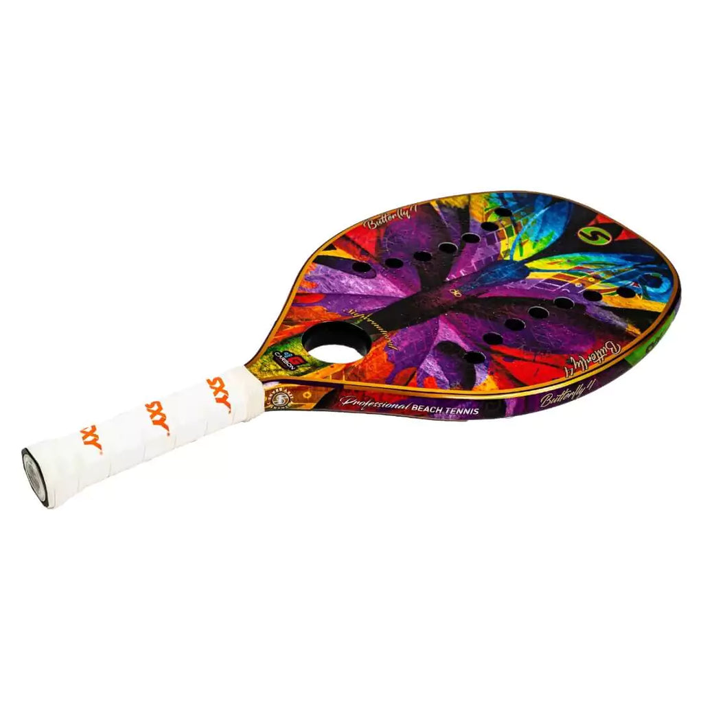 Shop Sexy Brand at iamBeachTennis, world wide shipping. Racket Model Sexy Brand BUTTERFLY IV, High-Performance G-Carbon, MegaGrit surface, Eva Soft Core, weight 345g, 22 holes,  laying horizontal with face and racket edge in profile.
