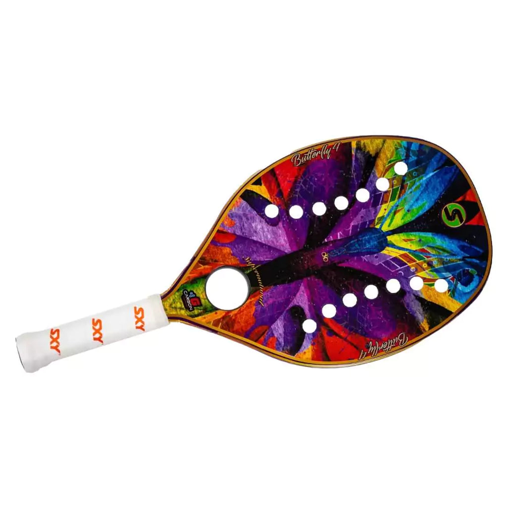 iamBeachTennis miami shop, Racket Model Sexy Brand BUTTERFLY IV, High-Performance G-Carbon, MegaGrit surface, Eva Soft Core, weight 345g, 22 holes,  in horizontal tilted back face on profile.